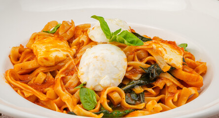 Italian Pasta with Mozzarella cheese sauce. Handmade pasta served in a white pasta dish, garnished with basil and tomatoes and served at the table.