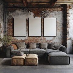 Mock up concept. Poster frame in room interior. 3d Illustration.