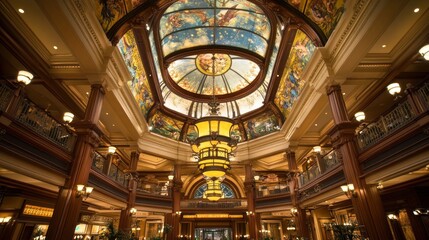 Obraz premium Elegant interior featuring a grand ceiling with artwork and ornate lighting fixtures.