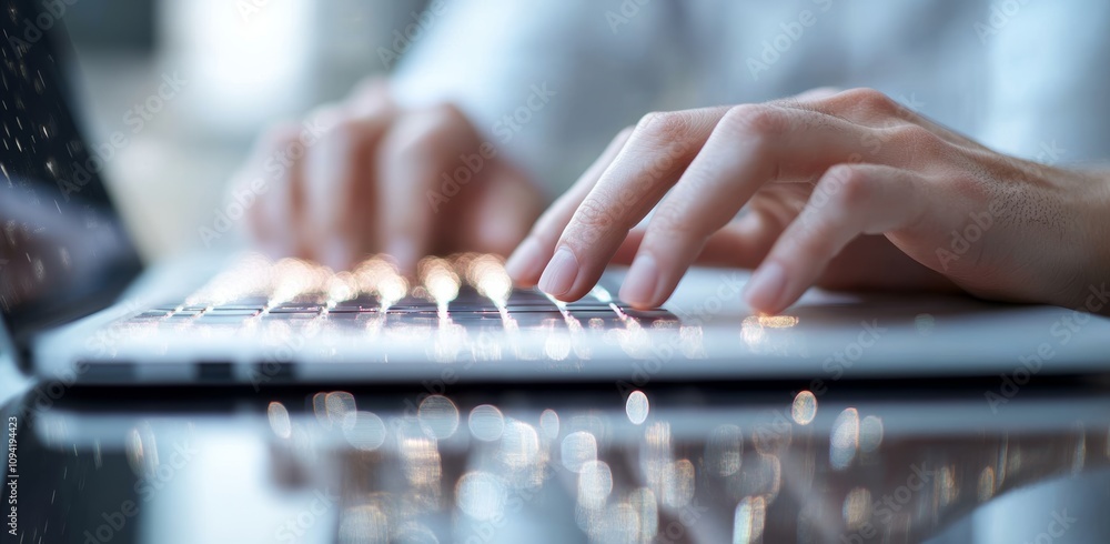 Poster close up of woman typing on laptop keyboard with reflection on table in office for remote work conce