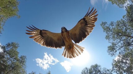 Obraz premium A rehabilitated hawk being released back into the wild, wings spread wide as it takes its first flight in the open sky.