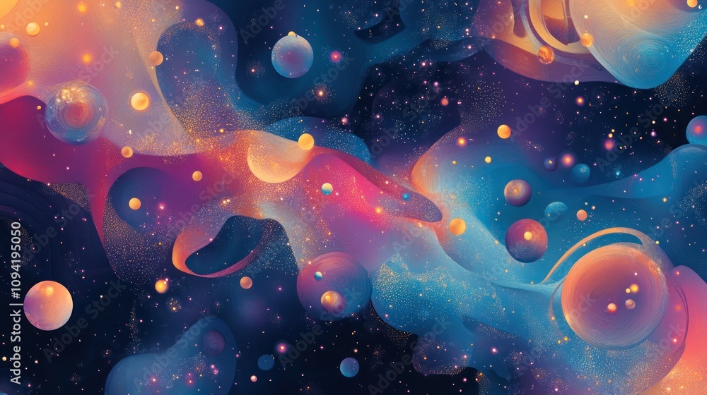 Poster a vibrant abstract representation of cosmic elements and space.