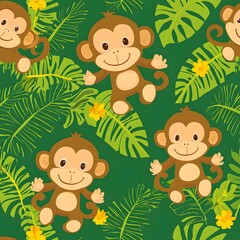 Naklejka premium Thai-Style Monkey Illustrations Set Against Lush Green Backgrounds Creating a Fun, Playful, and Seamless Pattern