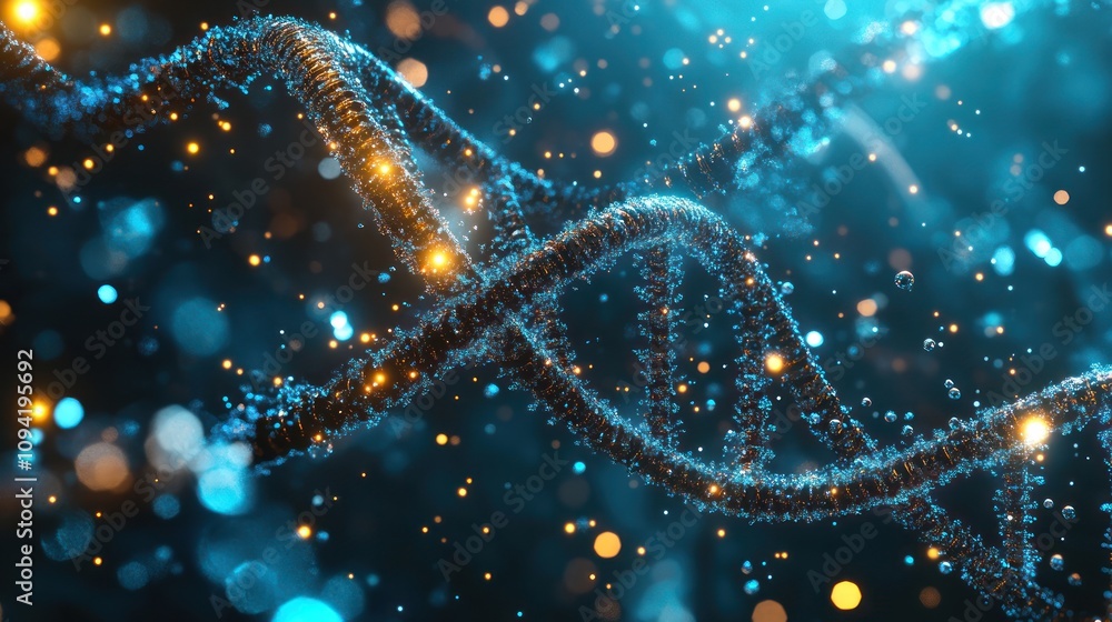 Poster abstract representation of dna strands with glowing particles and a blue background.