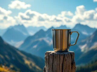 Eco-friendly stainless steel coffee cup in mountain scenery for sustainable travel inspiration