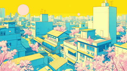 Fototapeta premium 桜の花が咲き誇る都会の風景,