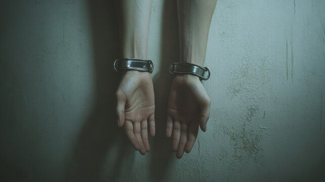A pair of handcuffed wrists against a plain wall, Reflecting the issues of crime and justice, minimalistic composition