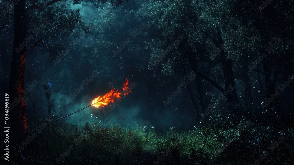 Poster a glowing arrow ignites the dark forest, creating an enchanting and mysterious atmosphere.