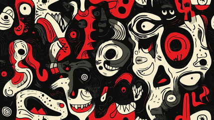 Fototapeta premium Dynamic abstract faces seamless pattern in red and black, artistic design