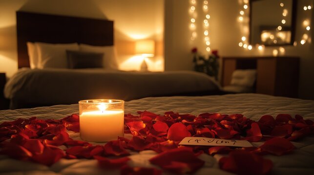Romantic Bedroom Setup with Candle and Rose Petals for an Intimate Evening Atmosphere Ideal for Celebrating Love and Special Occasions