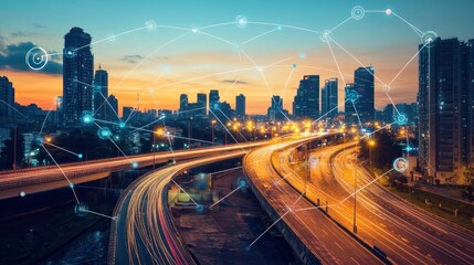 Fototapeta premium Urban skyline at sunset with connected network elements over highways.