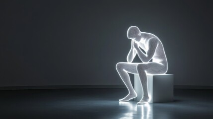 Light sculpture of a seated figure in a dark room expressing contemplation and emotion