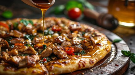 A slice of pizza with hot chili honey drizzled on top. Spicy-sweet food concept.