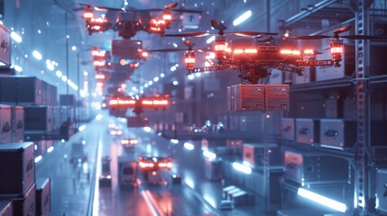 Drones Delivering Packages in Modern Warehouse Setting