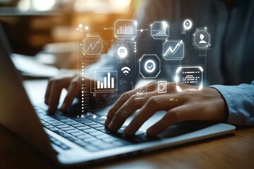 Businessman Analyzing Data on Laptop in Modern Office Setting with Quality Control and Certification Focus