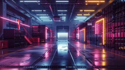 Futuristic Neon Warehouse Interior Design