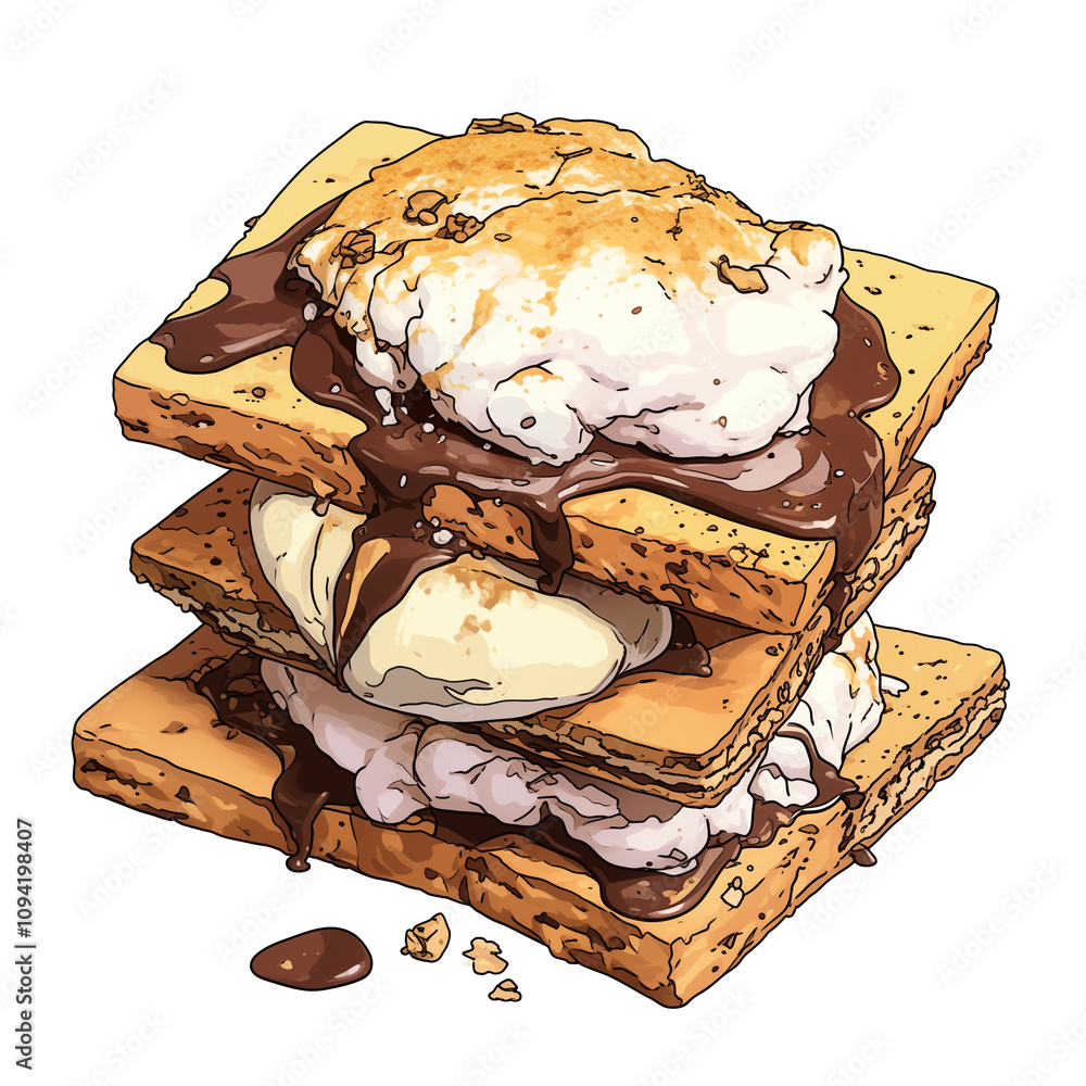 Poster delicious stack of smores with gooey marshmallows and melted chocolate between crispy graham crackers, isolated on white background. Perfect for sweet treat
