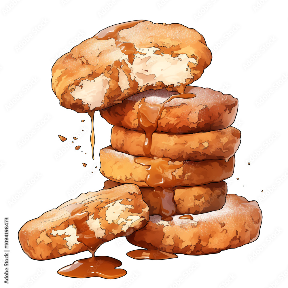 Poster stack of delicious snickerdoodle cookies drizzled with caramel sauce, isolated on white background, 