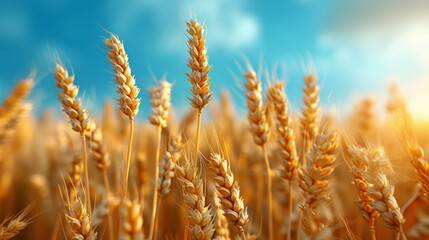 Fototapeta premium Close-up of golden wheat stalks against a blue sky. AI generative. .