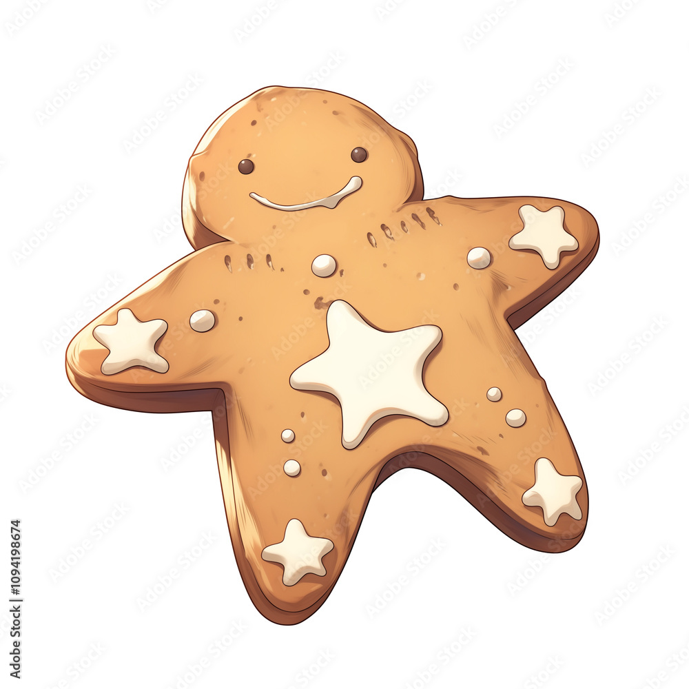 Poster gingerbread cookie in shape of smiling person with star decorations on white background. cookie has 