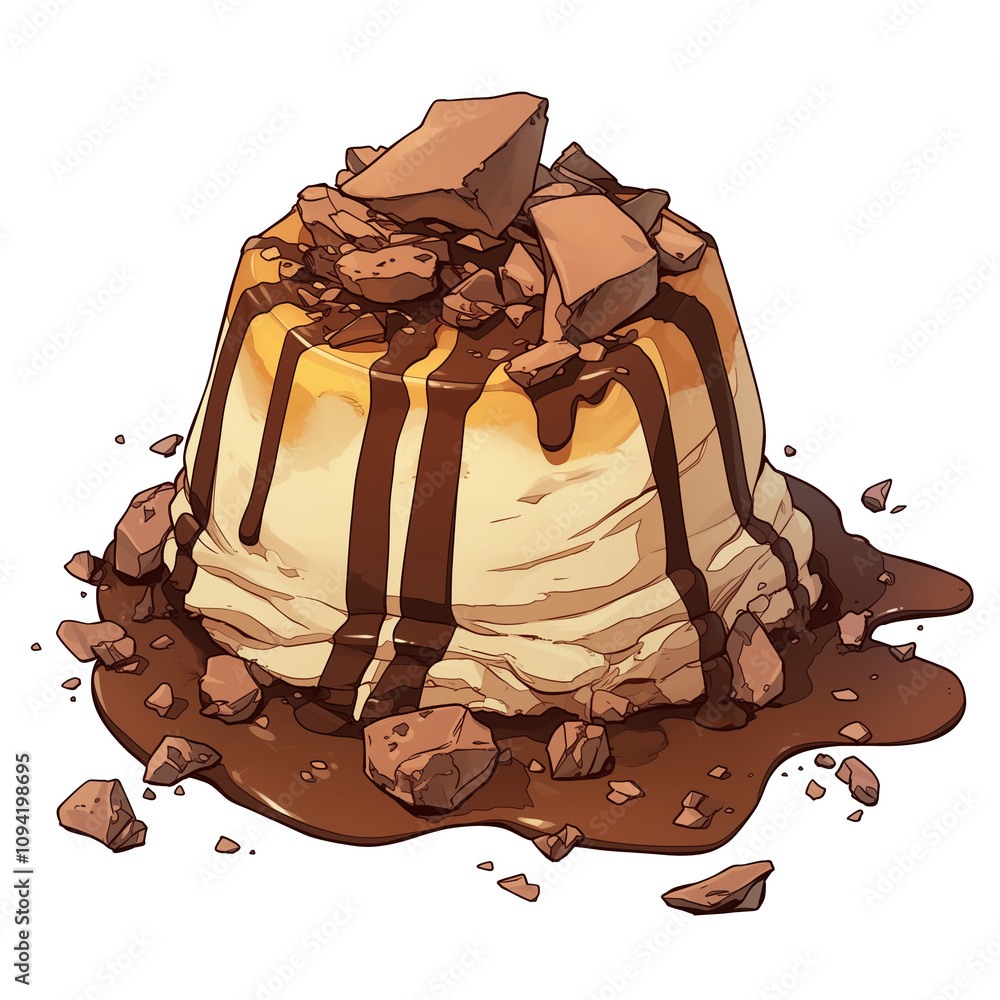 Poster sugar loaf drizzled with chocolate sauce and topped with chocolate chunks, isolated on white backgro