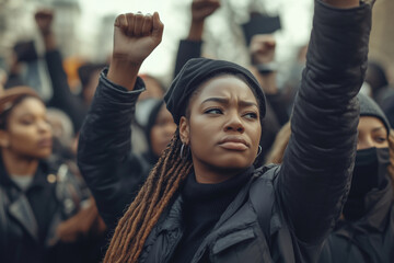 woman with dreadlocks is holding her fist up in the air. She is surrounded by a crowd of people who are also holding their fists up. Scene is one of protest and unity