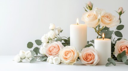 Serene Composition of Soft Pink and White Roses with White Candles Creating a Calming Atmosphere for Home Decor or Event Styling