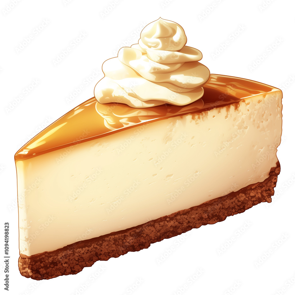 Poster slice of creamy tofu cheesecake topped with swirl of whipped cream and glossy caramel glaze, isolate