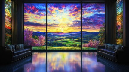Fototapeta premium A vibrant sunset view through large windows, framed by colorful stained glass.