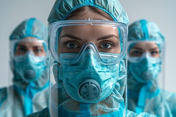 Close up of a woman's face wearing a blue surgical mask, goggles, and a blue surgical cap. AI generative. .