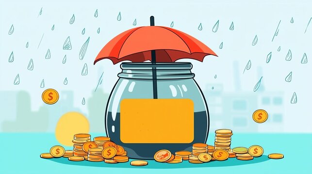 Business Money Jar Saving Money Jar with a Rainy Day Fund label, surrounded by coins and an umbrella, representing cautious saving, no face, flat design illustration