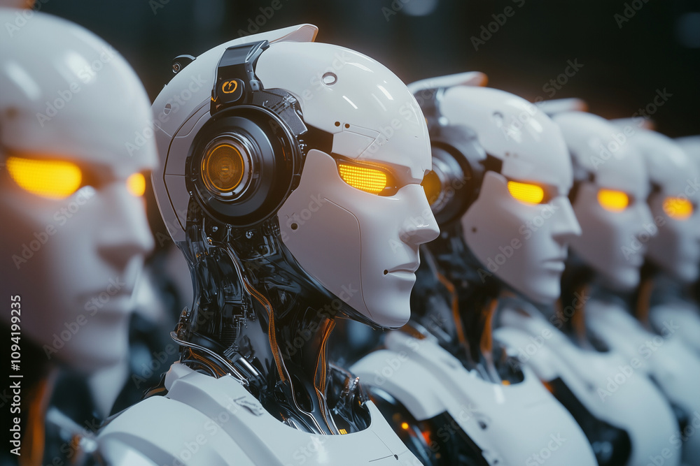 Poster group of robots with yellow eyes and orange lights on their heads. the robots are all lined up and a