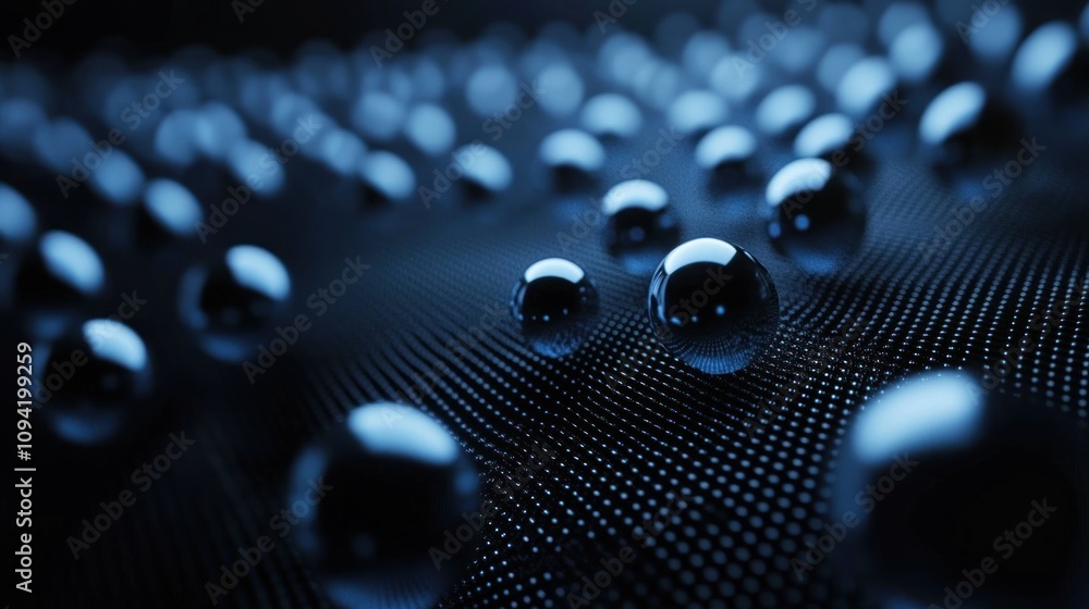 Poster abstract background with chrome spheres on a dark grid.