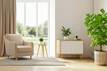 Bright living room with armchair, side table, cabinet, plants, and a large window with a view of greenery.