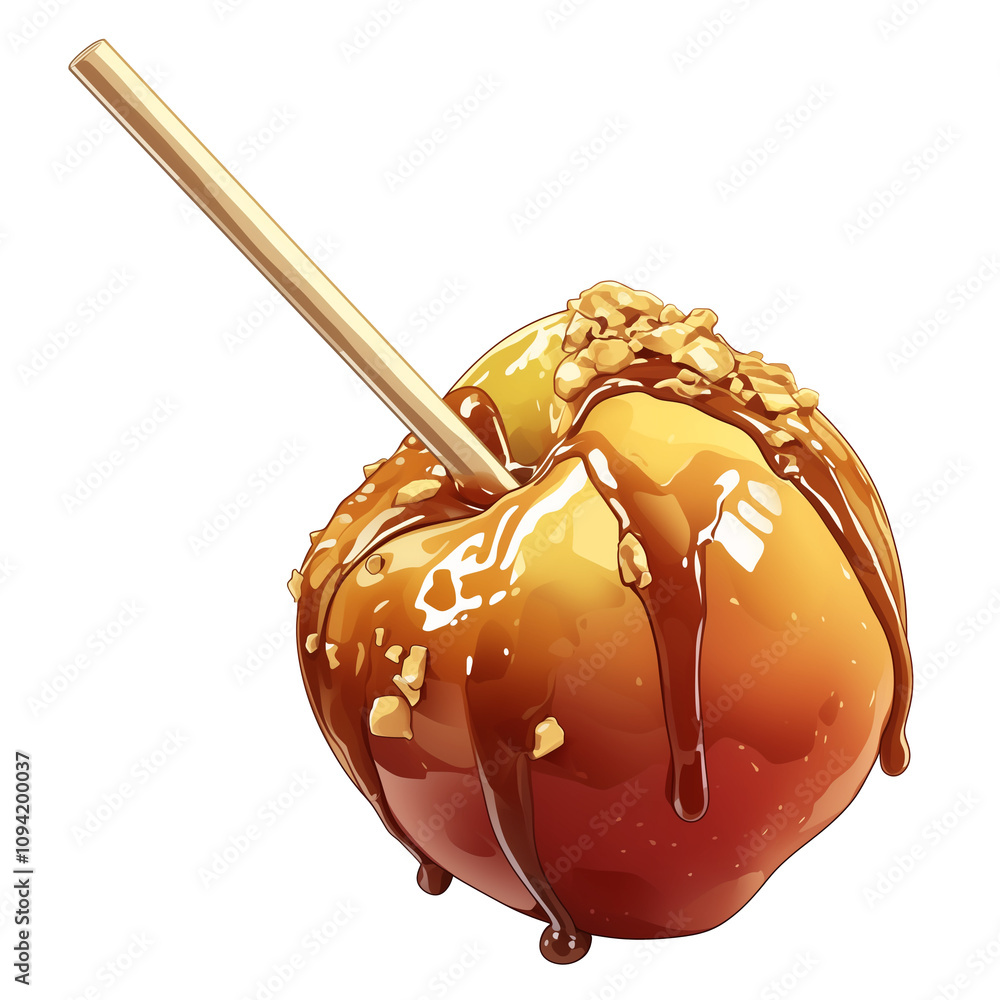 Poster shiny caramel apple with wooden stick, covered in smooth layer of caramel and sprinkled with crushed