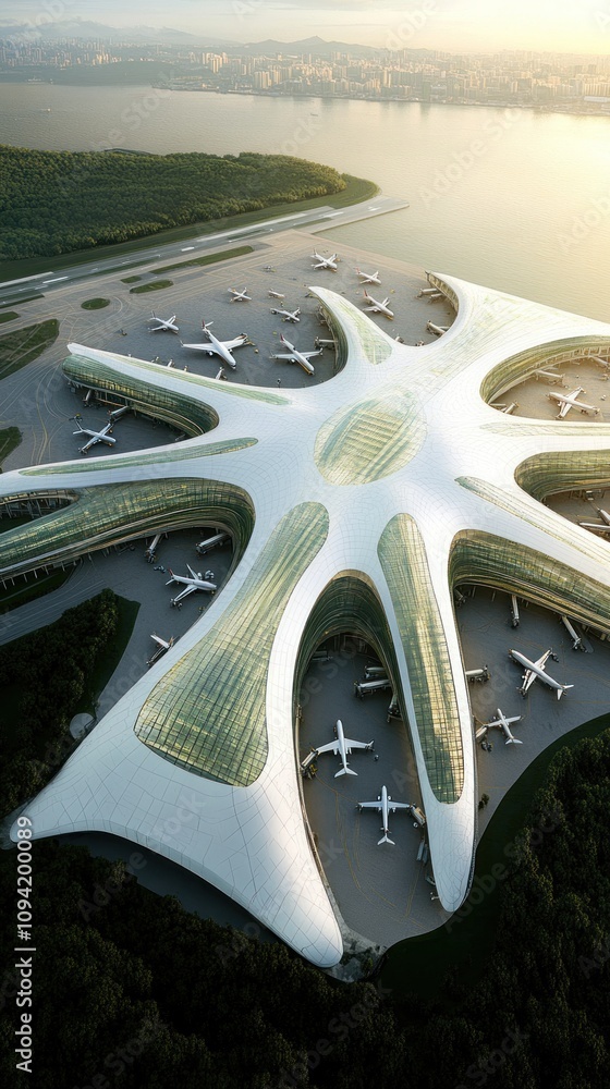 Poster aerial view of a modern, futuristic airport with unique architecture and multiple aircraft.