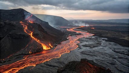 Lava flows through a rugged landscape, burning rock, volcanic ash, geological formation, volcano