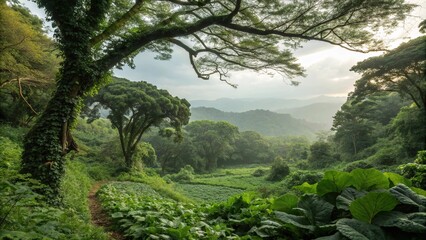 Obraz premium Leafy greens and trees intertwined in a natural setting, leafy greens, foliage, outdoors, nature, greenery