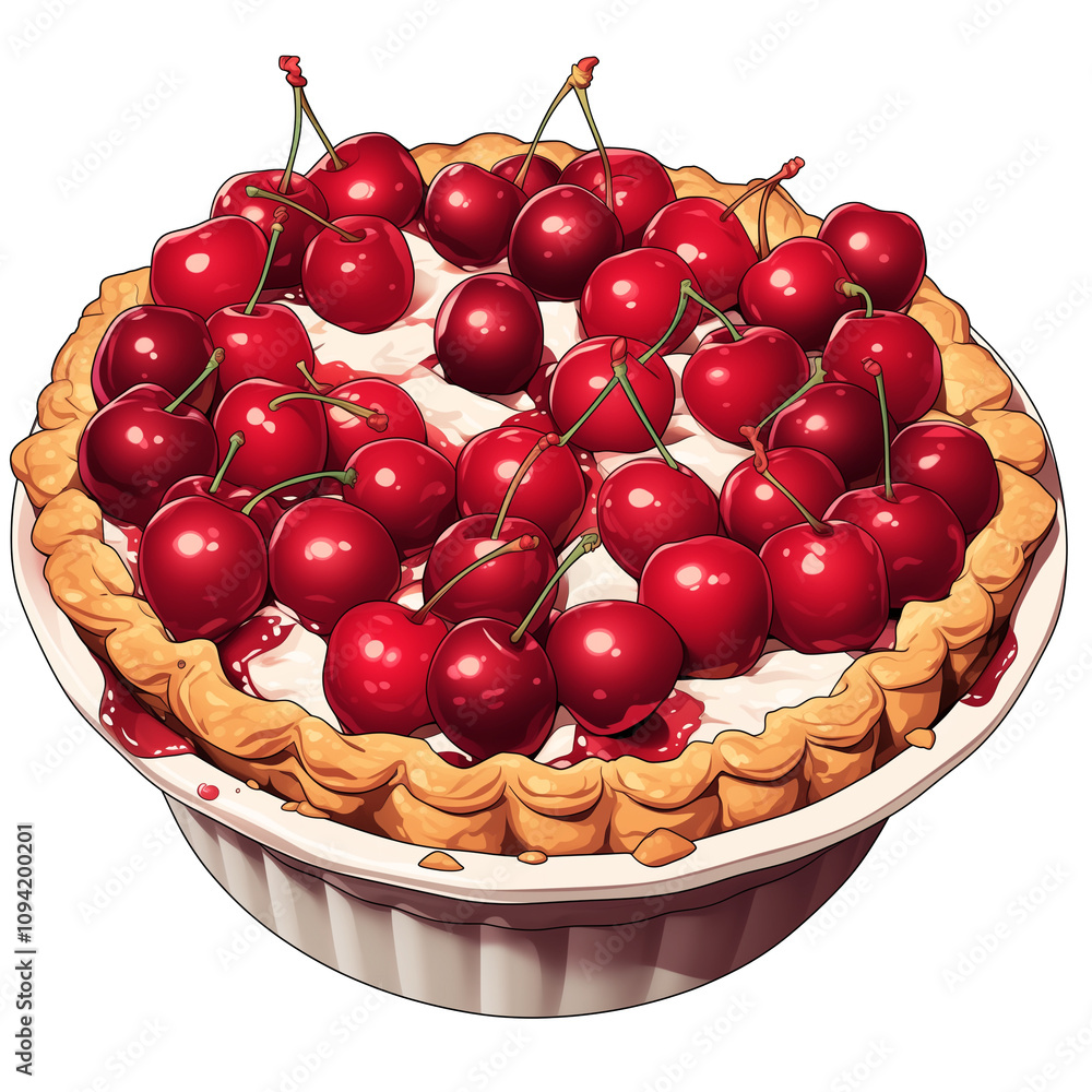 Poster delicious cherry pie with golden crust, topped with fresh cherries, isolated on white background. vi
