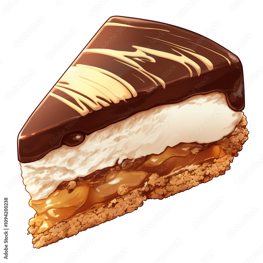 Poster delicious slice of chocolate caramel cheesecake with crumbly base and creamy topping, isolated on wh