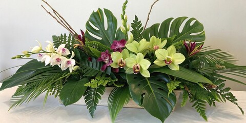 Lush green foliage and exotic orchids arranged in a beautiful floral centerpiece, foliage, orchids, lush, centerpiece, green