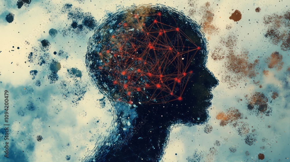 Poster a silhouette of a head filled with abstract network patterns, symbolizing thought and connection.