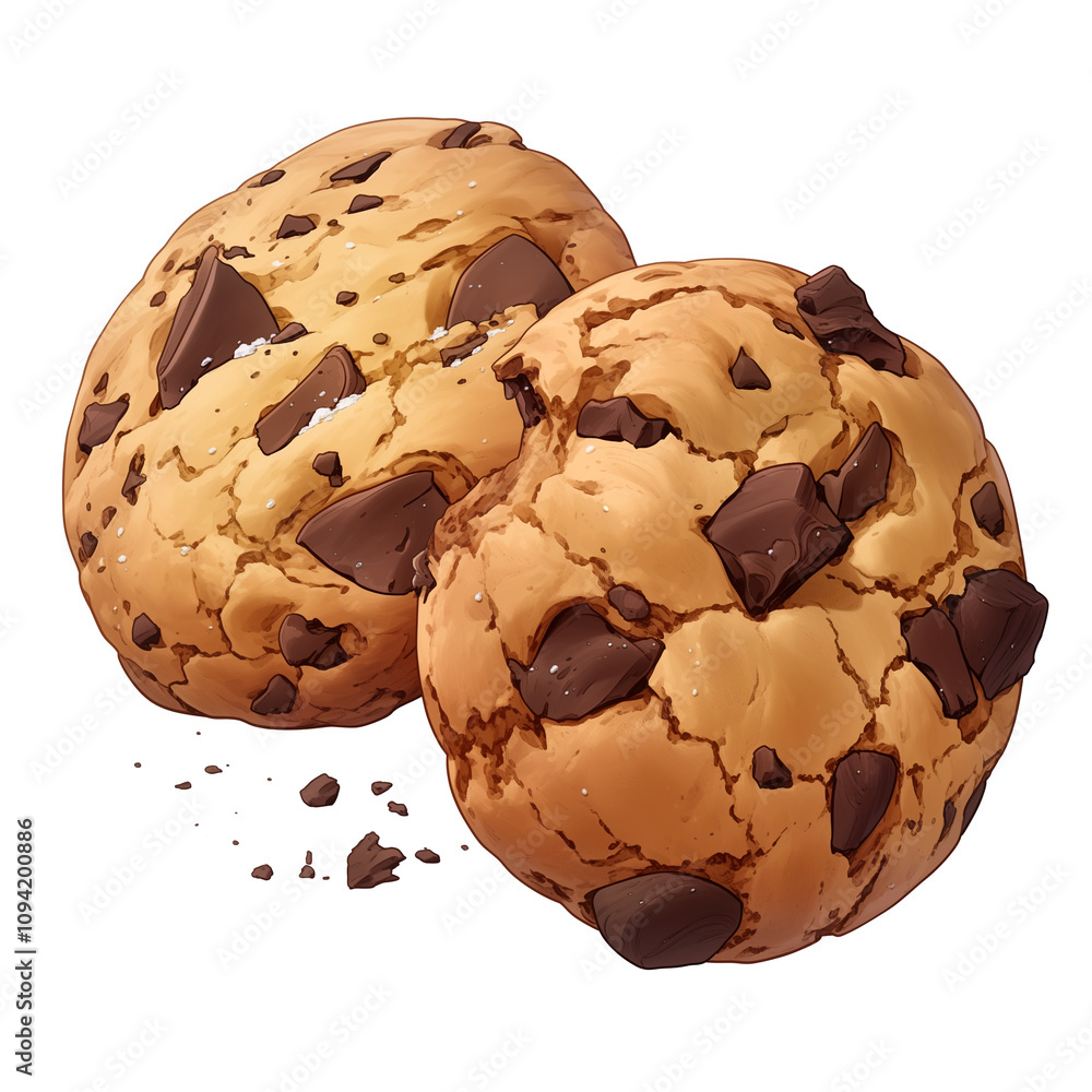 Poster Two delicious cocoa nib cookies with chocolate chunks are isolated on white background, showcasing their crunchy texture and inviting appearance