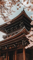 Fototapeta premium A traditional wooden structure surrounded by cherry blossoms, showcasing cultural architecture.