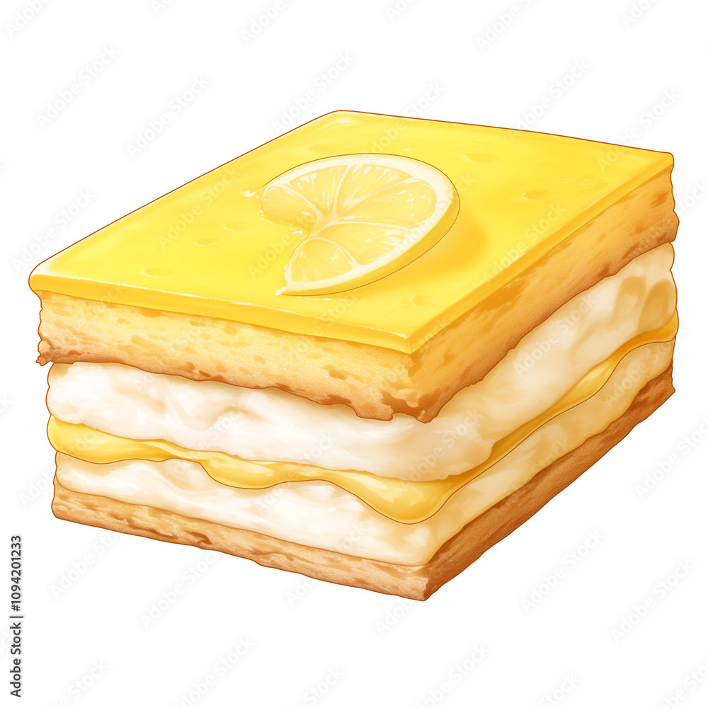 Poster delicious custard slice with lemon topping, featuring layers of creamy custard and flaky pastry, iso