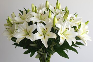 Fototapeta premium A bouquet of white lilies with green buds, symbolizing purity and elegance.
