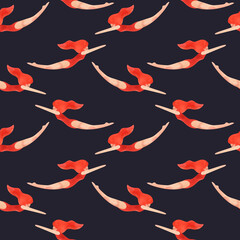 Fototapeta premium Red-haired woman in a red swimsuit swims. Seamless watercolor pattern, hand drawn. Vintage style. Black background