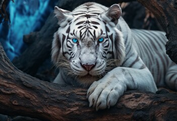 Stunning Portrait of White Tiger with Vivid Blue Eyes