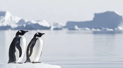 Fototapeta premium Two Penguins Standing on Iceberg with Arctic Landscape in the Background