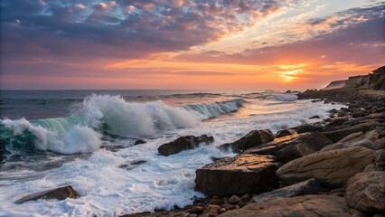 Ocean waves crashing on a rocky beach at sunset, warm light, ocean rocks